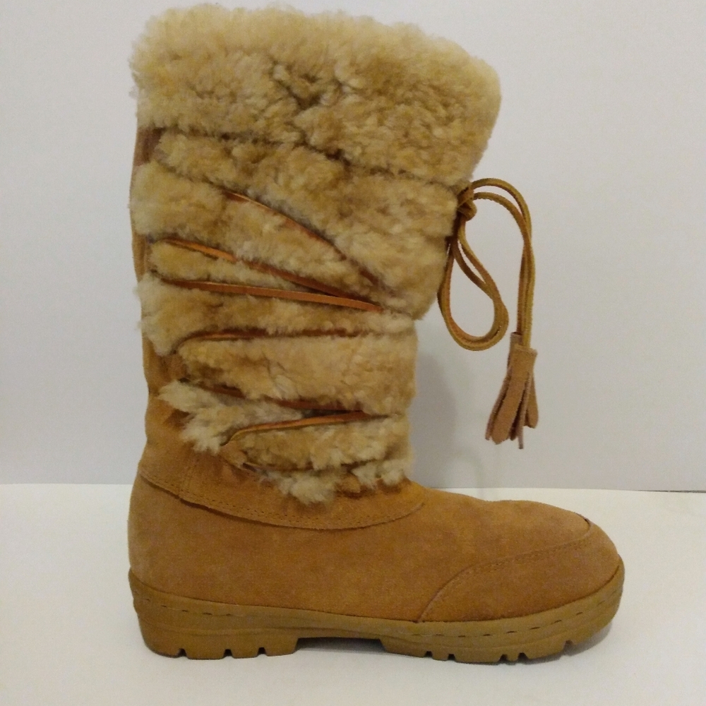 J Crew Tan Faux Suede Faux Fur Fully Lined Tassel Boots sz 9
